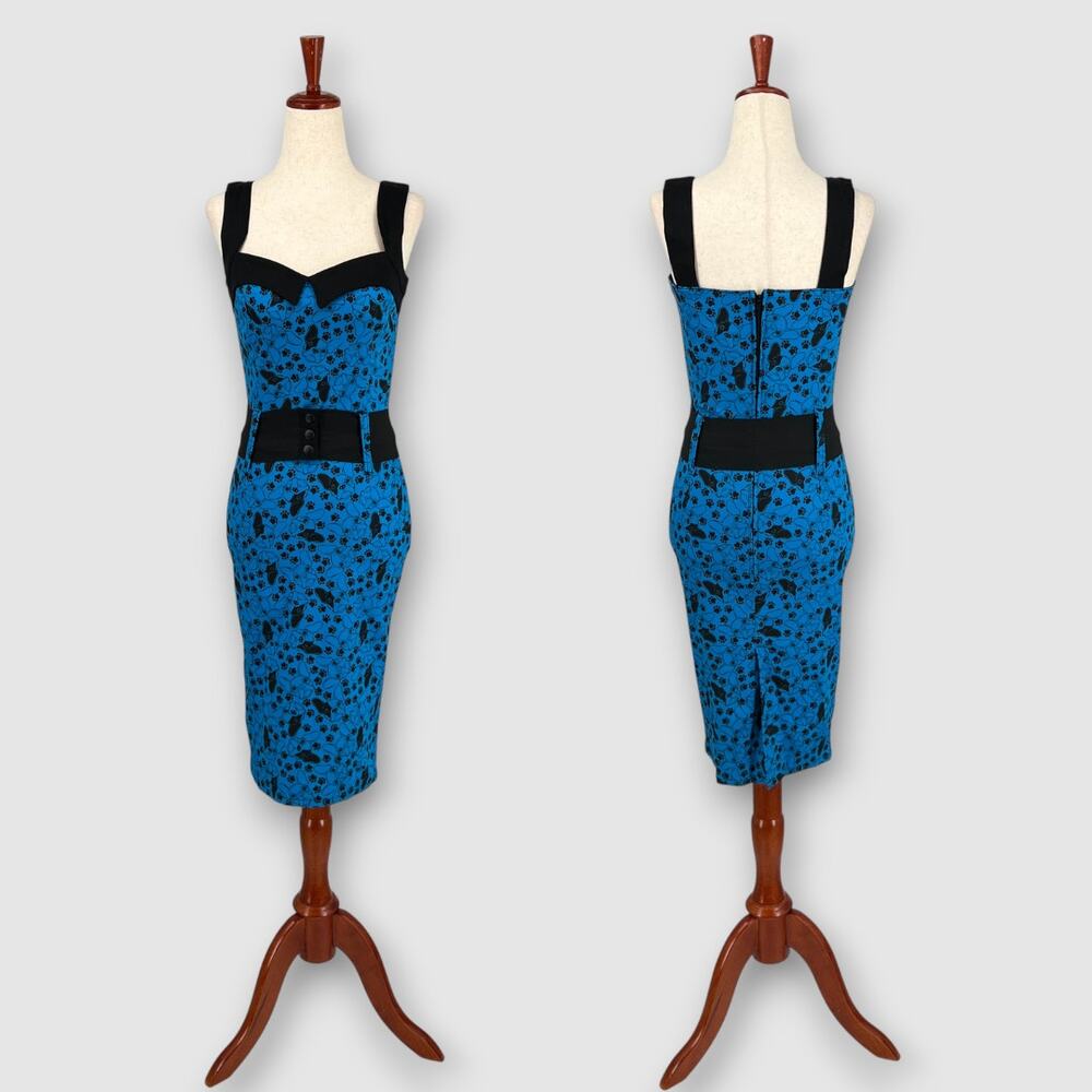 Switchblade Stiletto Blue French Bulldog Print Dress Belted Pinup Size Small NWT